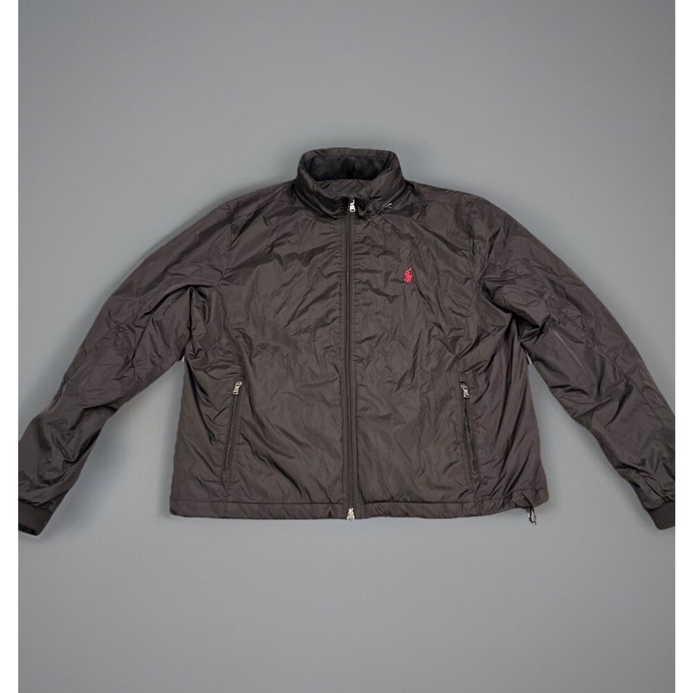 Polo Ralph Lauren Jacket Mens XL Black Full Zip Hidden Hood Windbreaker Red Pony